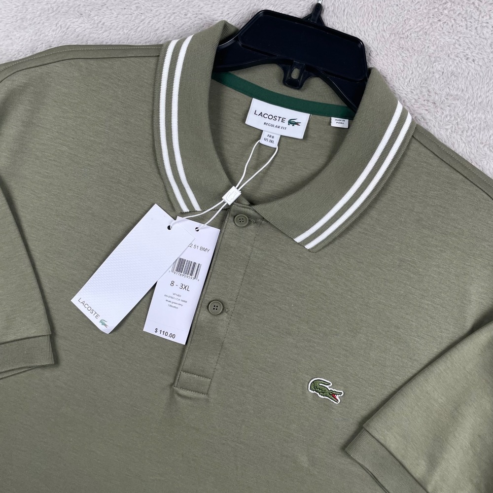 New Lacoste Polo Shirt Mens 3XL Green Tipped Collar Regular Fit Pima Cotton Logo